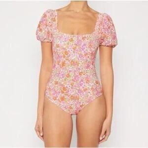 Marina West Pink Orange Green Floral Puff Sleeve One-Piece Swimsuit Size Medium